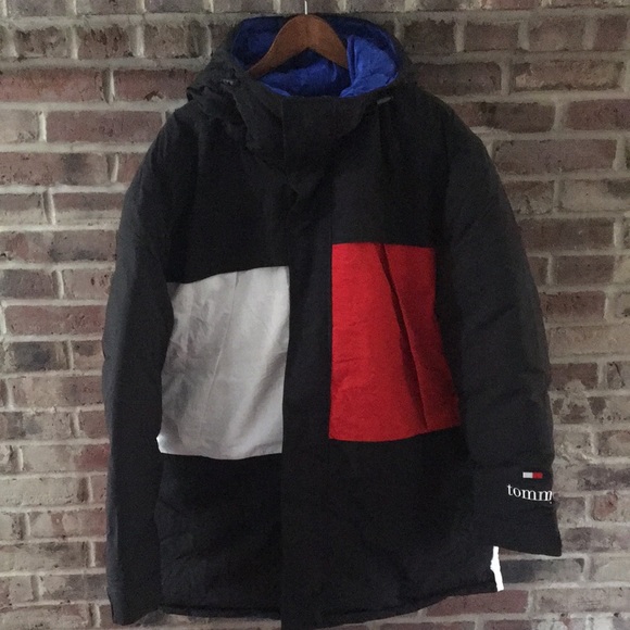 New, Tommy Hilfiger parka, black, red , white and royal blue with lined hood